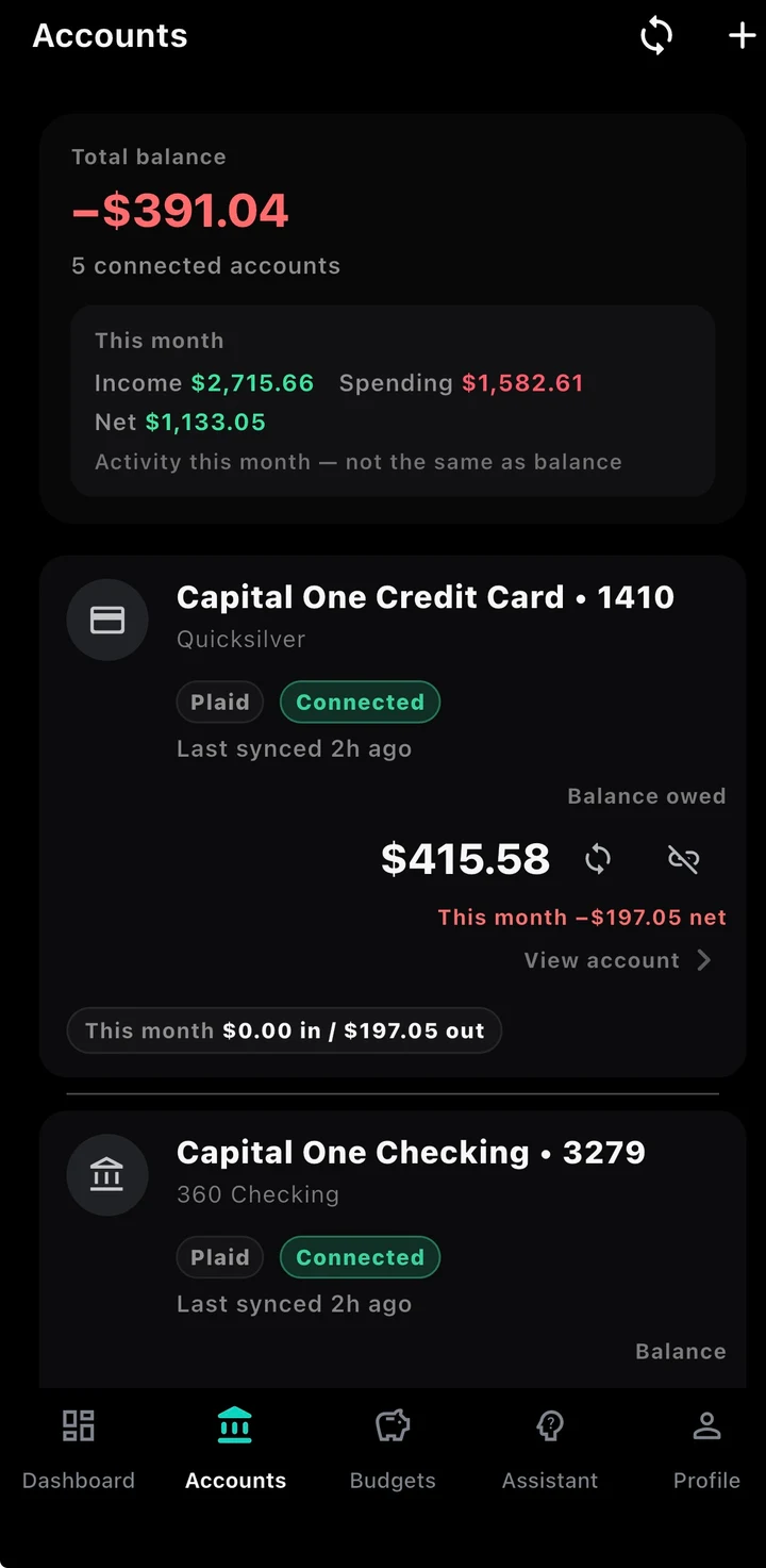 Clarity accounts screen showing connected bank accounts and balances.