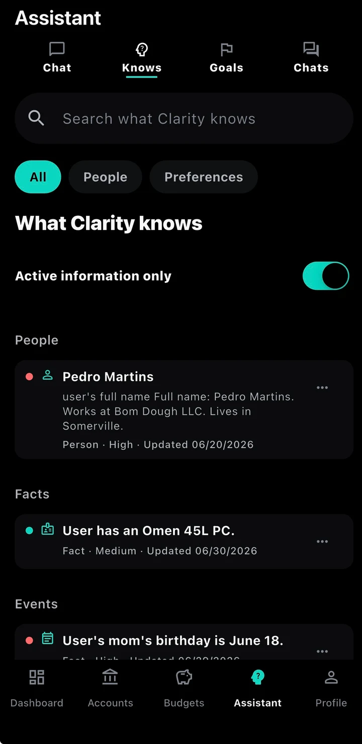 Clarity Knows screen showing people, facts, and events Clarity remembers — not goals.