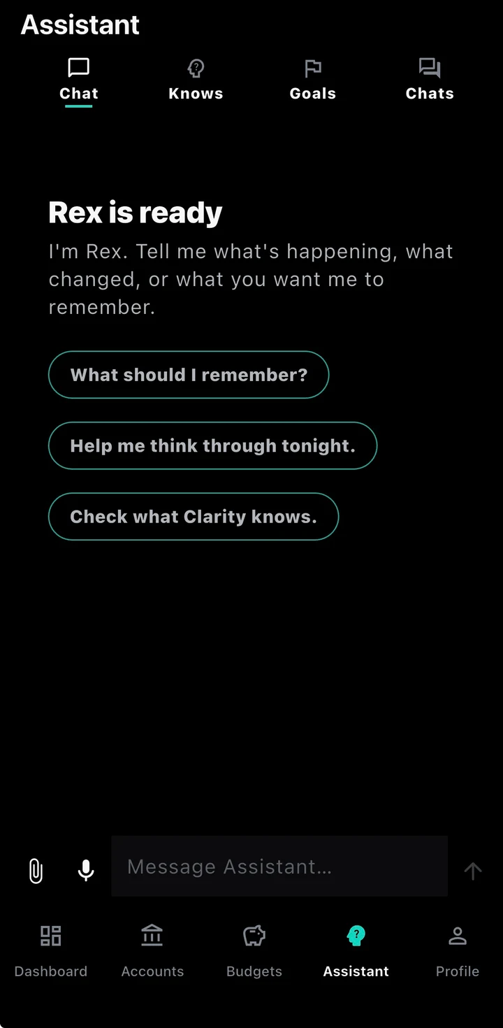 Clarity Rex assistant chat screen with starter prompts and message composer.